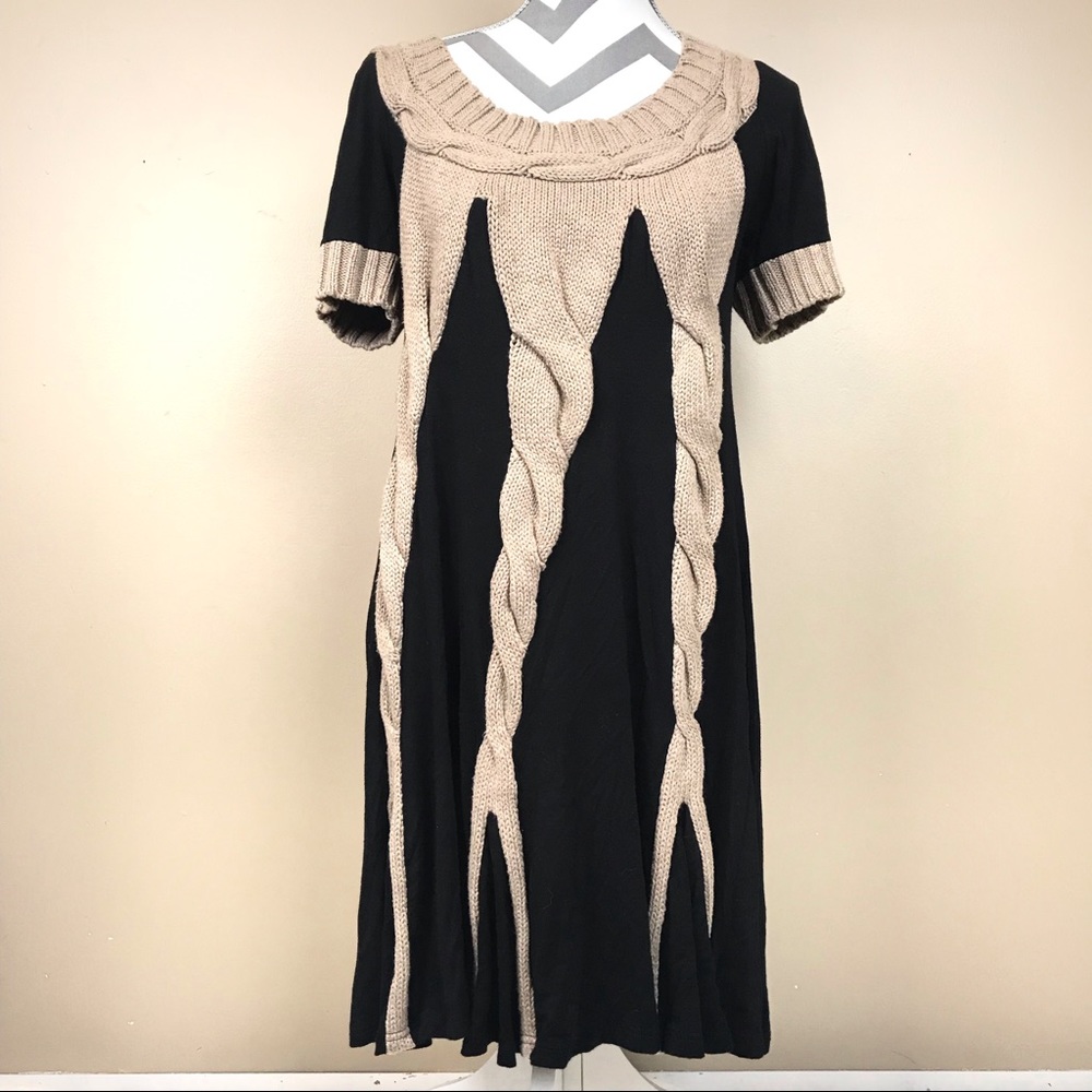 Anthropologie Black and Beige Cable Knit-Accented Mini Dress